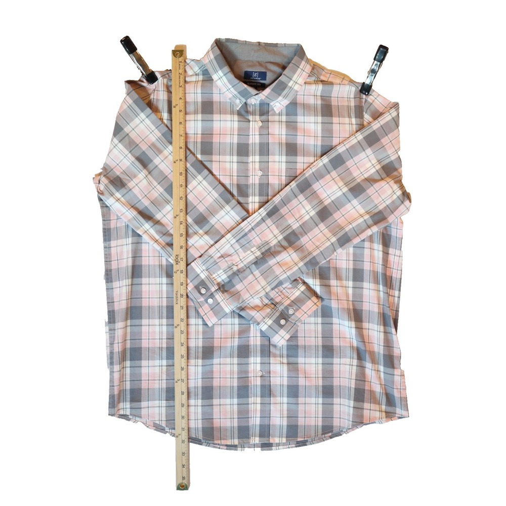 George Mens XL Classic Fit Long Sleeve Plaid Button Down Shirt Pink Grey STAINS